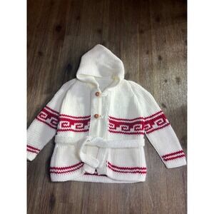 Vintage Handmade Kids Chunky Knit Hooded Cardigan Cream Red Belted Sweater